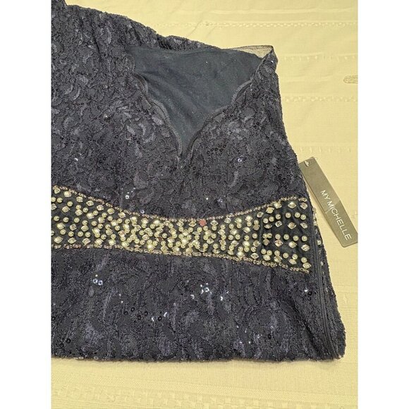 My Michelle Size 5 Sleeveless Navy Lace Sequin Gown Rhinestone Sheer Back NEW - Picture 9 of 12
